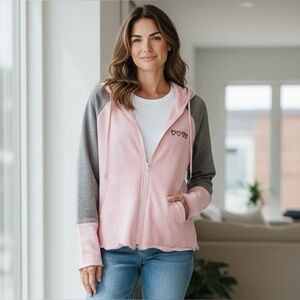 Anthropologie Kenji Natural Sweater Hoodie Full Zip Pink Gray Cozy Sweatshirt
